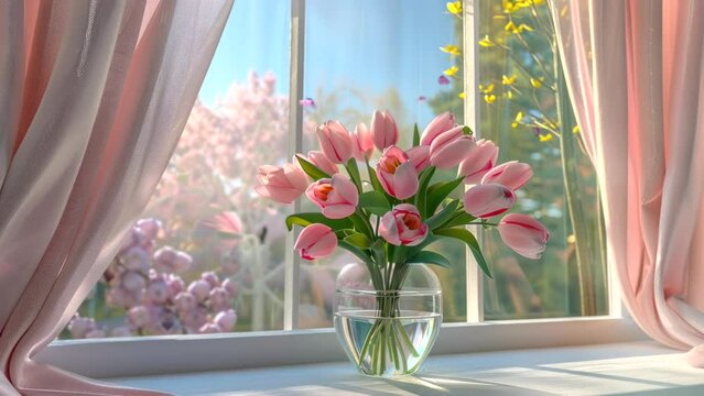 Bouquet of tulip flowers near window video looping background 4k