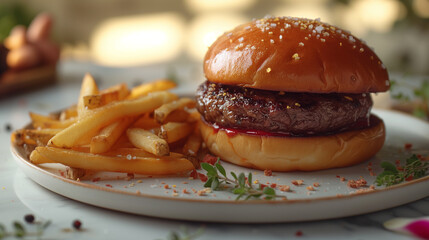 Delicious gourmet hamburger on a blurry background.