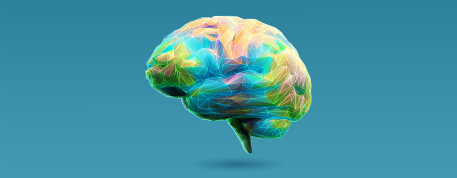Colorful polygonal 3D brain vector illustration on green BG