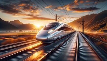High-speed train moving through a landscape at sunset, sleek and futuristic design.