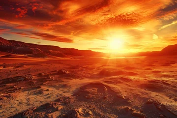 Zelfklevend Fotobehang Martian landscape at sunset, with red and orange sky © Oleg Kozlovskiy