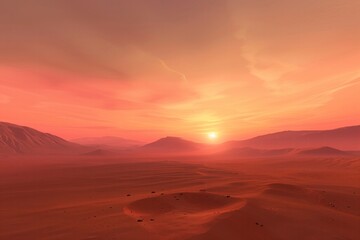 Martian landscape at sunset, with red and orange sky