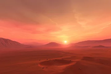 Fotobehang Martian landscape at sunset, with red and orange sky © Oleg Kozlovskiy