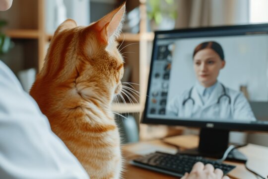 Ginger Cat Attends Virtual Veterinary Consultation With Owner During Daytime