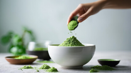 Woman in white prepare Japanese green matcha tea. AI generated
