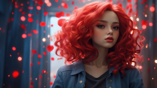 Surreal fantasy picture of curly redhaired young woman on background with flying red petals of flower. AI generated 