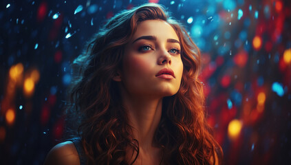 Beautiful young woman looking up on colorful lights bokeh. AI generated