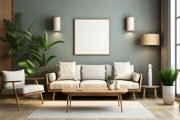 Warm and Cozy Composition of spring living room interior with mock-up poster frame, wooden sideboard, white sofa, green stand, base with leaves, plants, and stylish lamp, Home Decor Generative