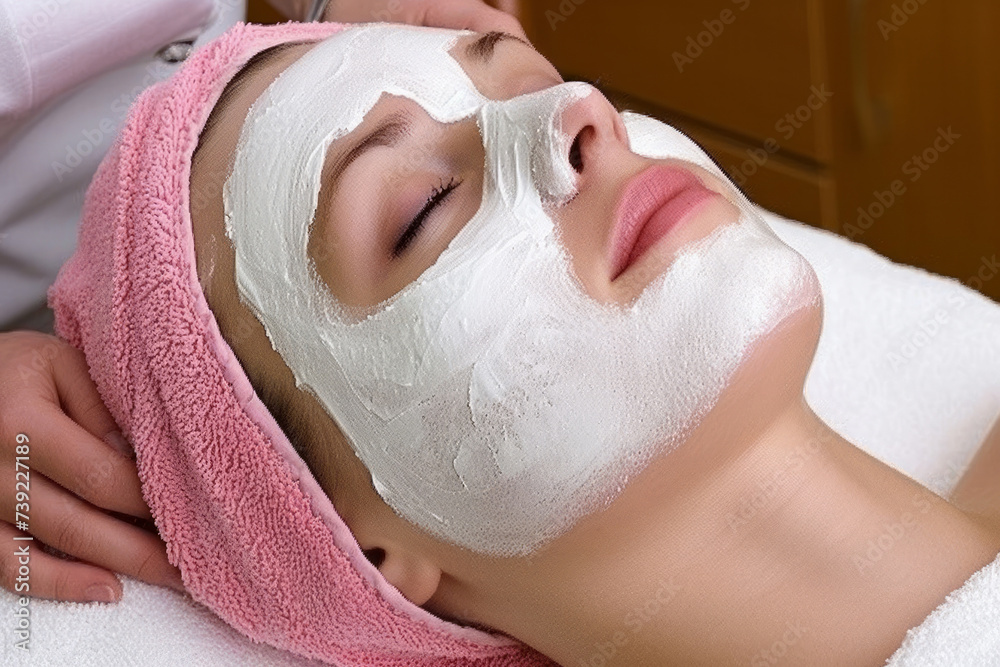 Wall mural attractive cheerful smiling young woman applying face mask skin healthy and treatment therapy in for