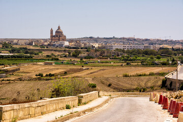 Panoramic view of Xeuchia (Ix-Xewkija) and the Rotonda Church of St. John the Baptist on the island of Gozo in Malta - 739227131