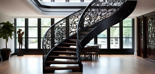 An artistic spiral staircase with dark wooden steps, complemented by ornamental iron railings, in a sleek, contemporary space. - obrazy, fototapety, plakaty