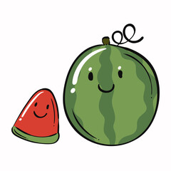 Watermelon cartoon. Watermelon cartoon character design. Watermelon on white background. for poster, banner, web, icon, mascot, background. Hand drawn. Healthy fruit food. Vector illustration