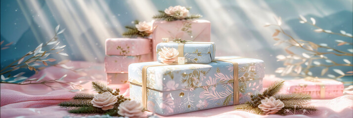 Elegant Gift Presentation, A Pink Ribboned Box Amongst Flowers on a Wooden Background