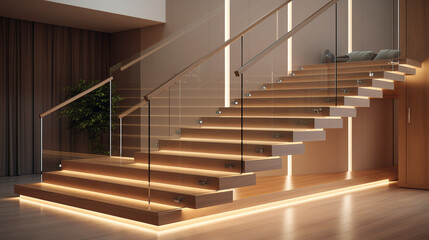 An elegant birch wood staircase with transparent glass sides, illuminated by discreet LED strips under the handrails, in a minimalist interior.