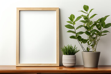 Fototapeta na wymiar Poster mockup with a green plant and wooden frames on white. Generative AI