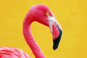 Close-Up of Flamingo Isolated on Yellow - Vibrant Avian Beauty, Isolated Aesthetics, Capturing Nature's Grace in a Radiant and Serene Display