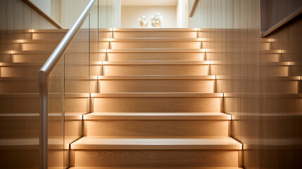 An elegant light ash wood staircase with frameless glass balustrades, discreet LED lighting beneath the handrails in a sun-drenched home.