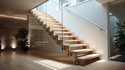 An elegant light ash wood staircase with frameless glass balustrades, discreet LED lighting beneath...