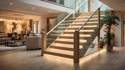 An elegant light oak staircase with glass sides, LED lighting under the handrails providing a soft glow in a stylish, open-plan home.
