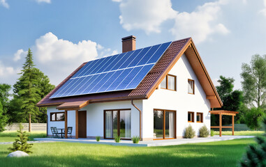 modern house building with solar panel, concept of Sustainable Energy Efficient Home - 739227746
