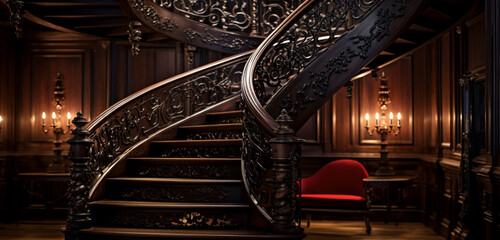 An elegant, narrow spiral staircase made of dark wood, featuring intricate ironwork, suitable for a refined interior.
