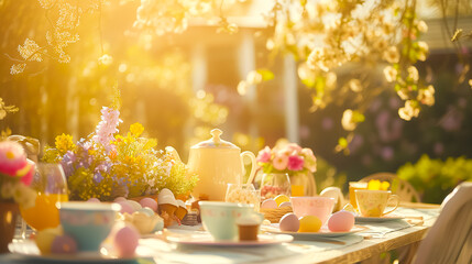 served festive Easter table for family brunch outdoor in the garden