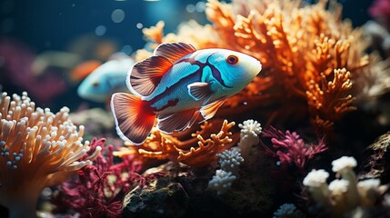 Fototapeta na wymiar School of tropical fish swimming over a coral reef, variety of species, conveying the movement and life in a healthy reef, Photorealistic, school of f