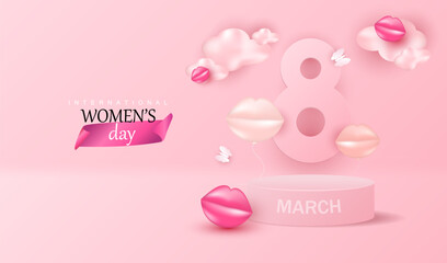 International women's day 8 march vector background with podium for display sale product. Illustration with pink lips and mouth balloons. Female holiday design with clouds and butterfly.
- 739228949