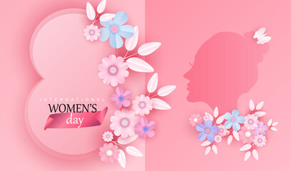 Happy women's day 8 march vector background with paper cut flowers. International female holiday illustration with paper floral design and woman face. Spring graphic.
- 739228977