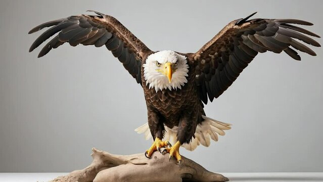Majestic bald eagle with wings spread, poised for flight on a sandy wood base against a neutral grey backdrop in a minimalist setting.