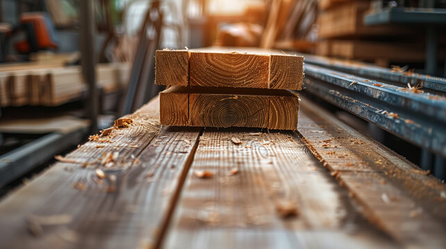 Stacked lumber in a woodworking shop.