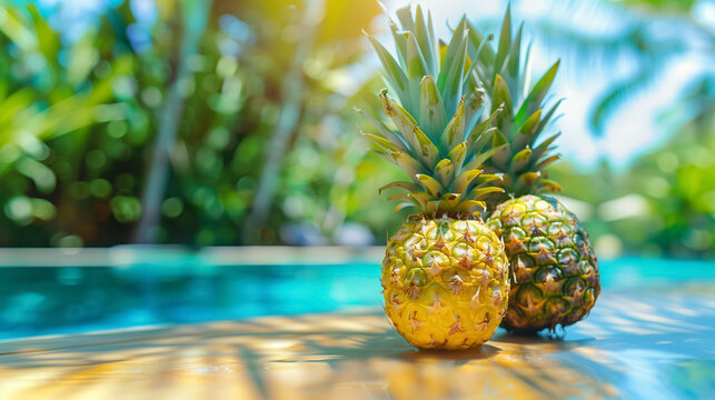 Pineapples by a pool in sunny ambiance.