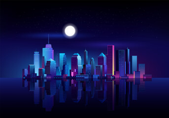 Futuristic night cityscape with water reflex, full moon, glowing stars, glowing neon purple and blue background lights.