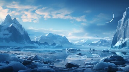 Majestic glacier in an arctic region, blue ice contrasting with dark rocky terrain, a clear sky above, showcasing the rugged beauty of polar landscape - obrazy, fototapety, plakaty