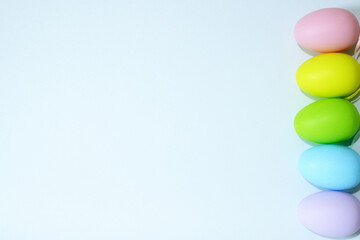 Colorful Easter Eggs on white background copy space stock photo