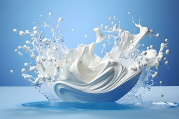 Obraz na płótnie Canvas Yogurt splashes create a captivating artistic scene against a vibrant blue background. Concept Food Photography, Yogurt Splashes, Artistic Scene, Vibrant Background, Creative Composition