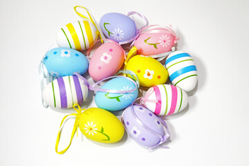 Colorful Easter Eggs on white background copy space stock photo