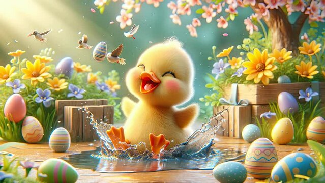 A yellow duckling splashes in a puddle, surrounded by vibrant Easter eggs and colorful flowers. Birds flutter nearby, while sun rays shine through blooming cherry blossom trees.