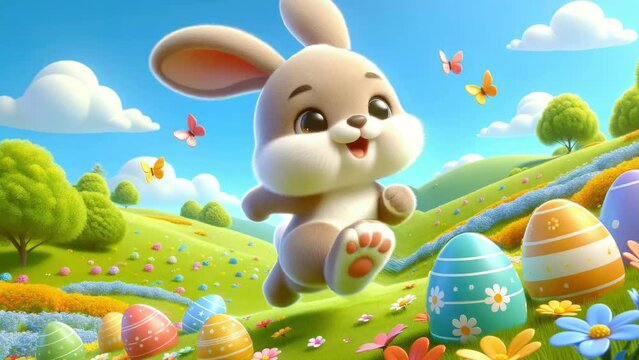 Cute Easter Bunny leaps amidst a vibrant Easter landscape, dotted with decorated eggs. Rolling hills with colorful wildflowers set against a bright blue sky create a festive ambiance.