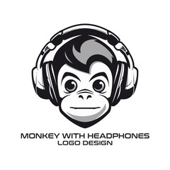Monkey With Headphones Vector Logo Design