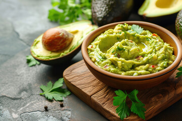 Delicious homemade guacamole in white bowl and fresh avocado on wooden board