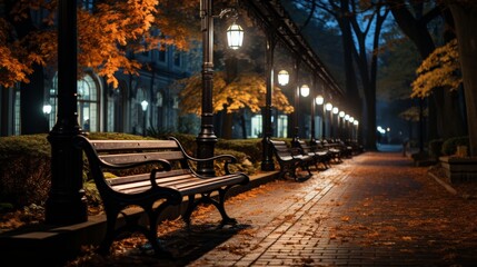 Fototapeta na wymiar Nighttime in an urban park in autumn, street lamps casting a soft glow on the colorful leaves, empty benches, peaceful and contemplative, Photography,