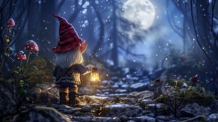 Gnome with a lantern leading a night exploration moonlit enchanted path