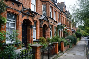 Victorian Row Houses in London Crescent: A Traditional City Home with a Garden - obrazy, fototapety, plakaty