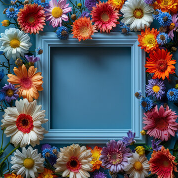 Colorful flowers placed around a blue photo frame on a blue background