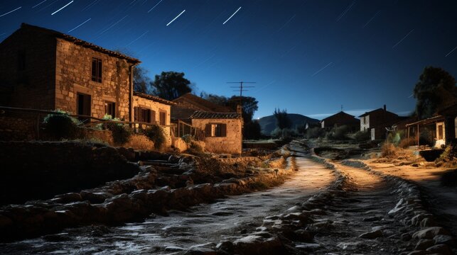 Night in a secluded village, starry sky above, houses dimly lit, a sense of solitude and calm, Photography, astrophotography techniques, long exposure