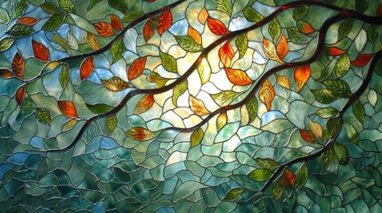 Stained glass window background with colorful Leaf abstract.