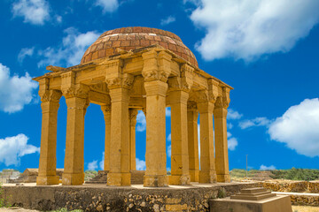 Fototapeta premium Makli Necropolis, ceiling with colorful mosaic ornament inside the mausoleum, beautiful funerary islamic architecture in Pakistan. 