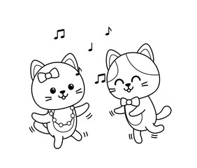 Coloring page. Dancing cats. Black and white kittens. Vector
