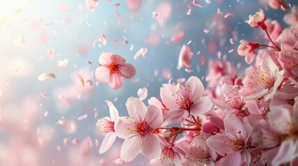 Cluster of cherry blossoms with petals  - obrazy, fototapety, plakaty